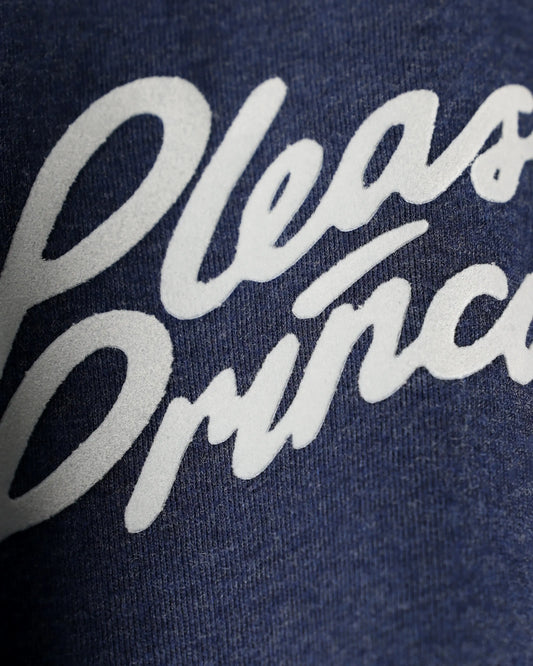 Close-up of Pleasure Principle flock print on denim melange t-shirt, detail shot