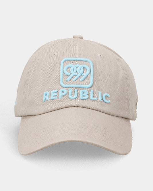 Khaki cap with light blue REPUBLIC embroidery, front view product shot