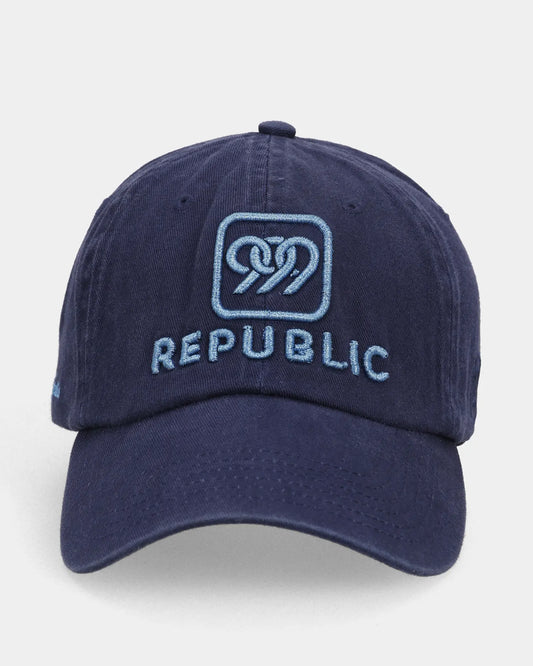 Navy dad cap with REPUBLIC embroidery, front view