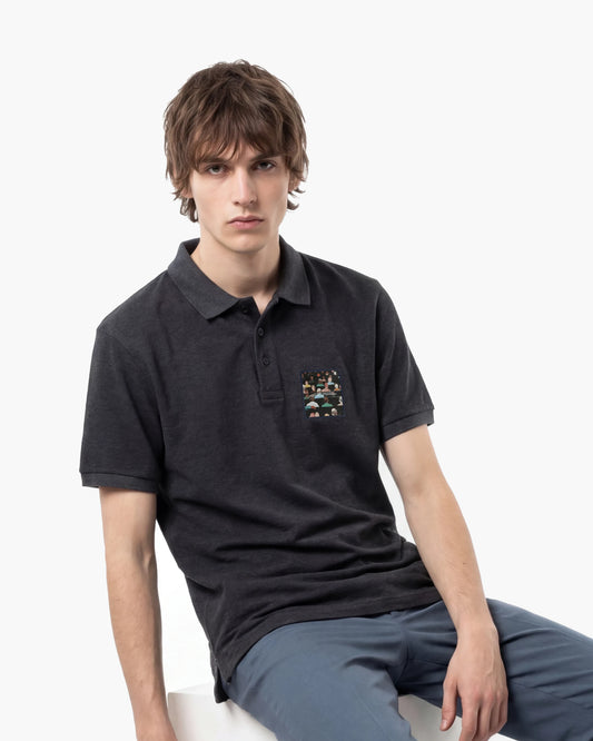 Male model wearing Challenge The Impossible Men’s Polo Shirt in black melange