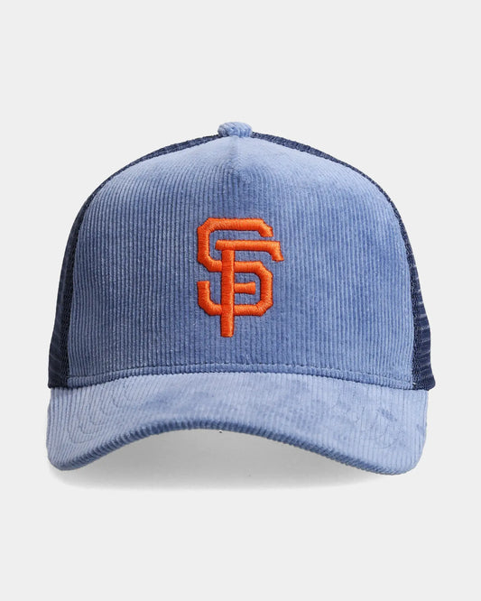 Blue corduroy trucker cap with SF embroidery, front view