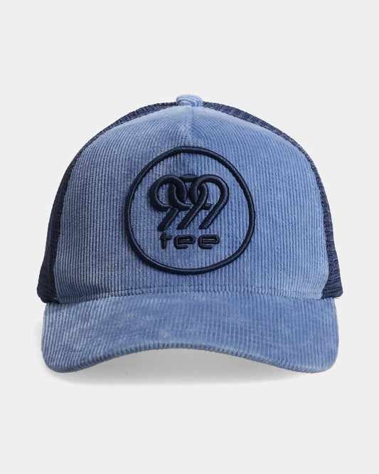 Blue trucker cap with 999tee embroidery, front view, product image