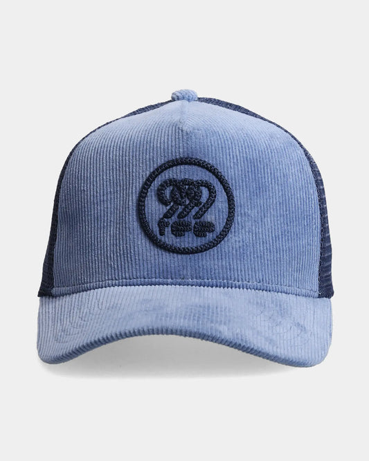 Blue corduroy trucker cap with 999 embroidered patch, front view