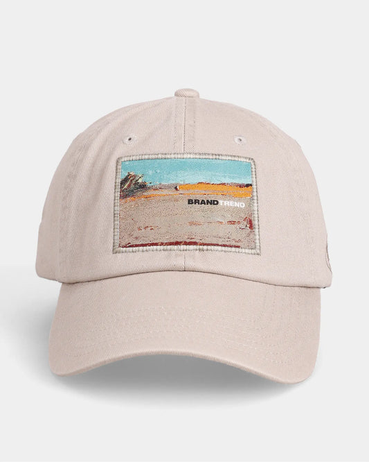 Khaki dad cap with BRAND TREND patch graphic, front view