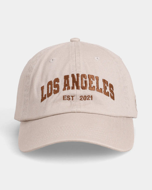 Khaki dad cap with LOS ANGELES EST 2021 embroidery, front view