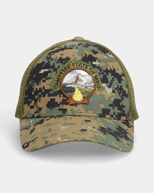 Camouflage trucker cap with CAMPFIRE STATE OF MIND embroidery, front view product shot
