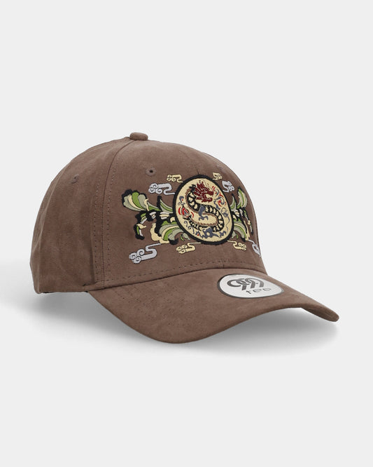 Front angled view of brown dragon-embroidery cap.