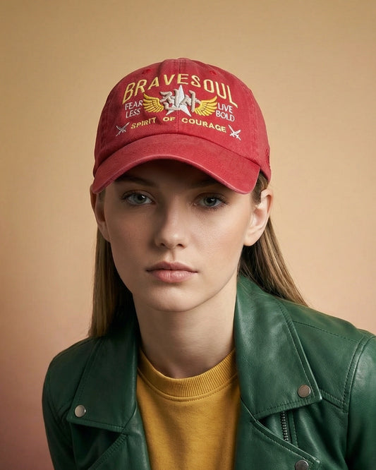 Female wearing red Brave Soul Dad Cap, close-up model shot