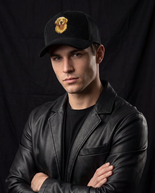 Male model wearing black trucker cap with golden retriever patch, front view