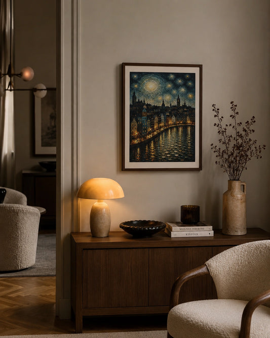 Moonlit Harbor Town Canvas Wall Art