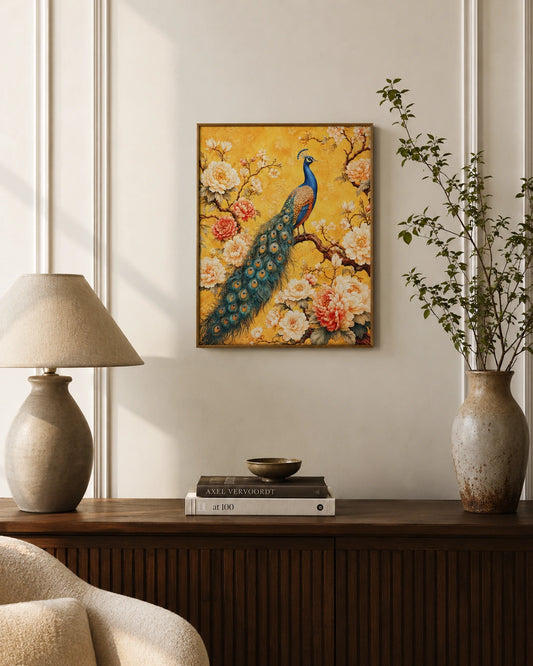 Golden Peacock Bloom Canvas Wall Art
