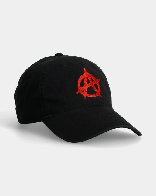 Black dad cap with bold red anarchy symbol embroidered on the front.