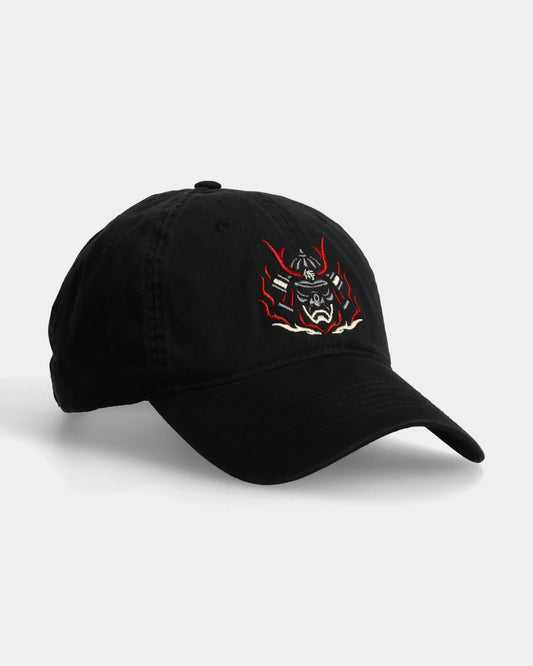 Side-front view of black Flame Ronin dad cap.