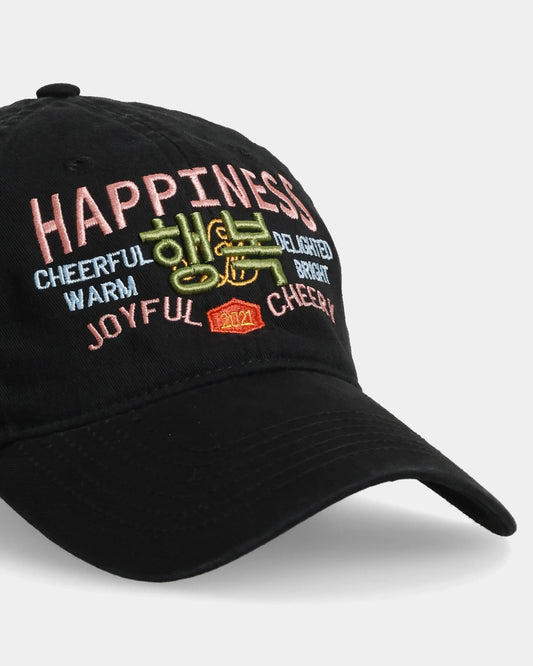 Embroidered happiness dad cap with Korean and English text on the front.