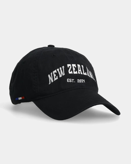 Black cap with New Zealand embroidered in white and a small side flag detail.