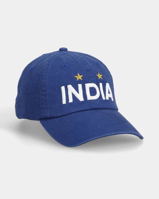 tricolour crest India dad cap with INDIA embroidery, angled front view