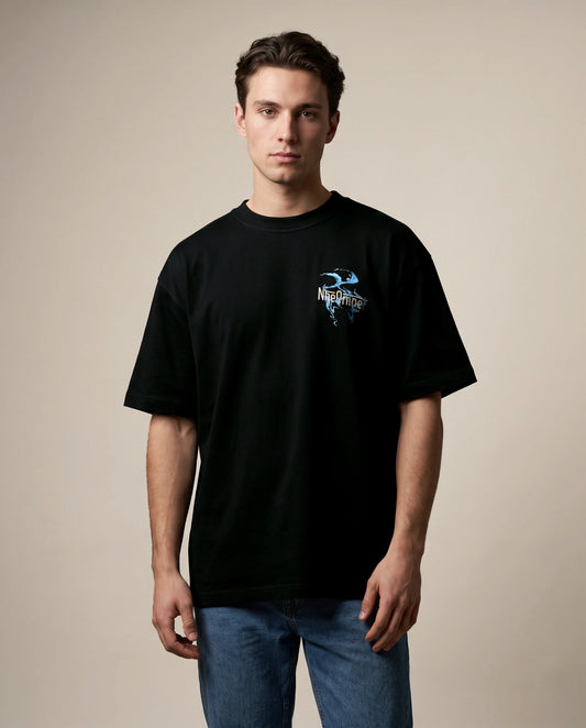 Male model wearing black T-shirt with Japanese Fury chest graphic, front view