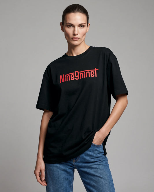 Female model wearing Haunted Lady oversized T-shirt, front view