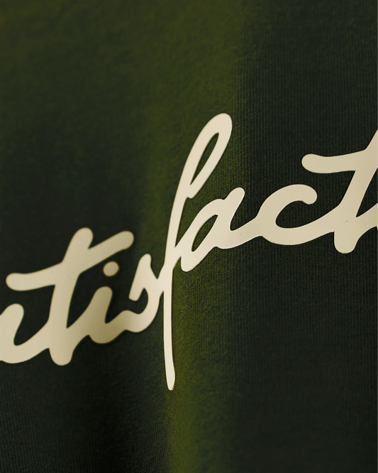 Olive T-shirt with Satisfaction script, close-up detail view