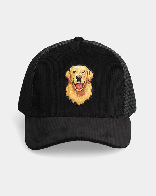 Black trucker cap with Golden Retriever patch, front view