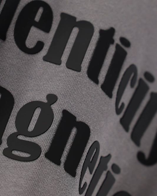 Asphalt T-shirt with Authenticity is magnetic text, cropped close-up detail view