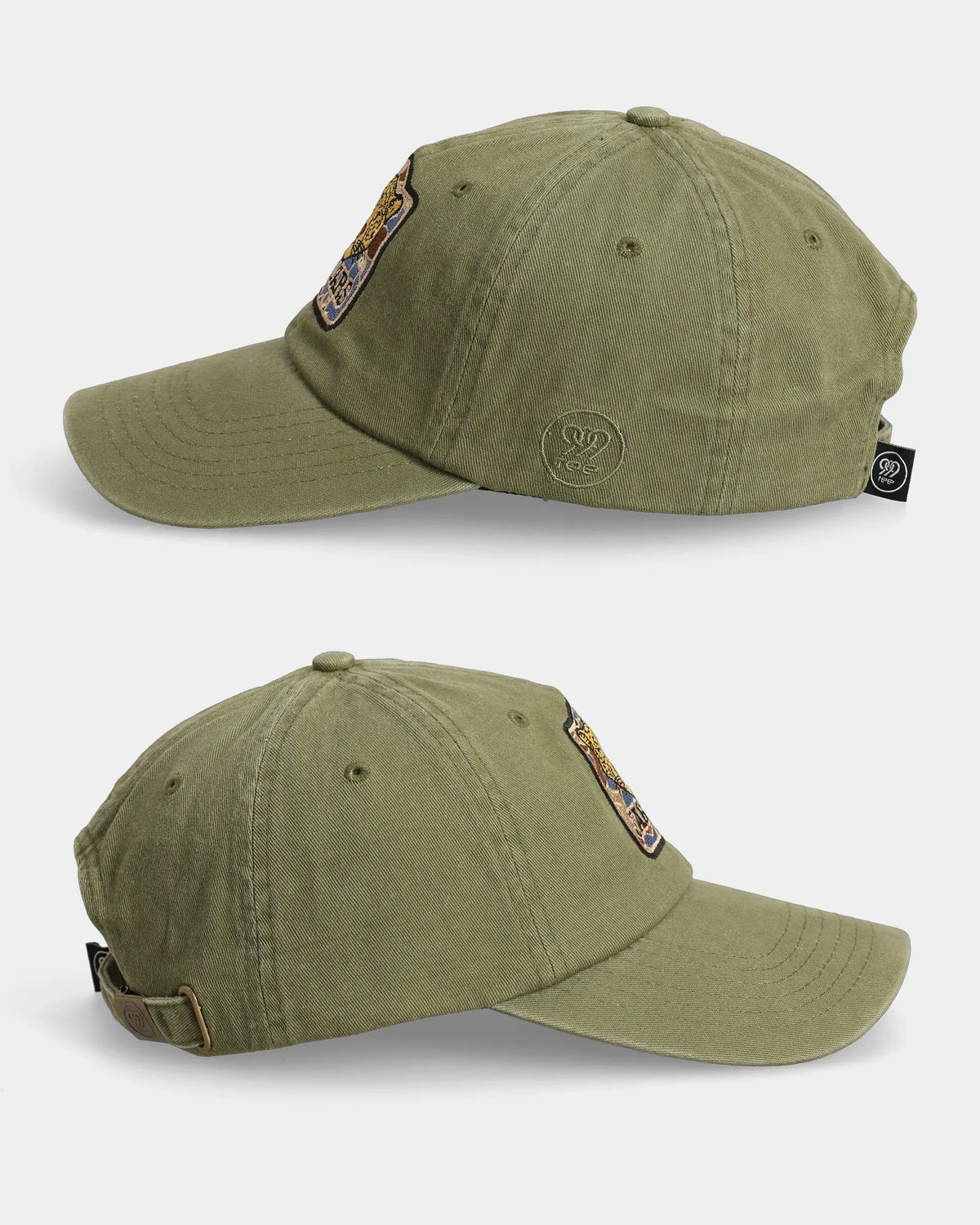 Olive cap with jaguar patch and adjustable strap, left and right side views
