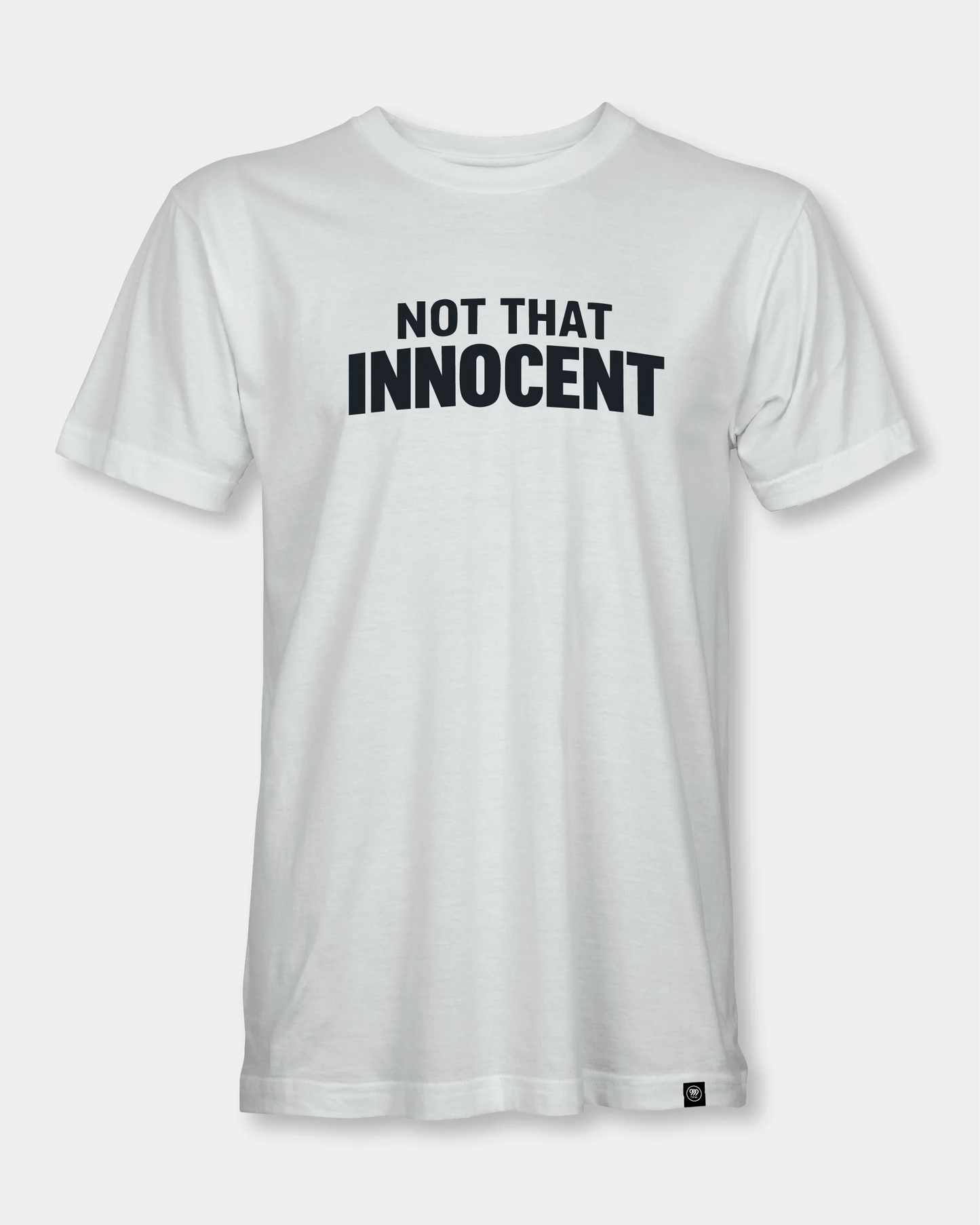Male white T-shirt with Not That Innocent text, front view