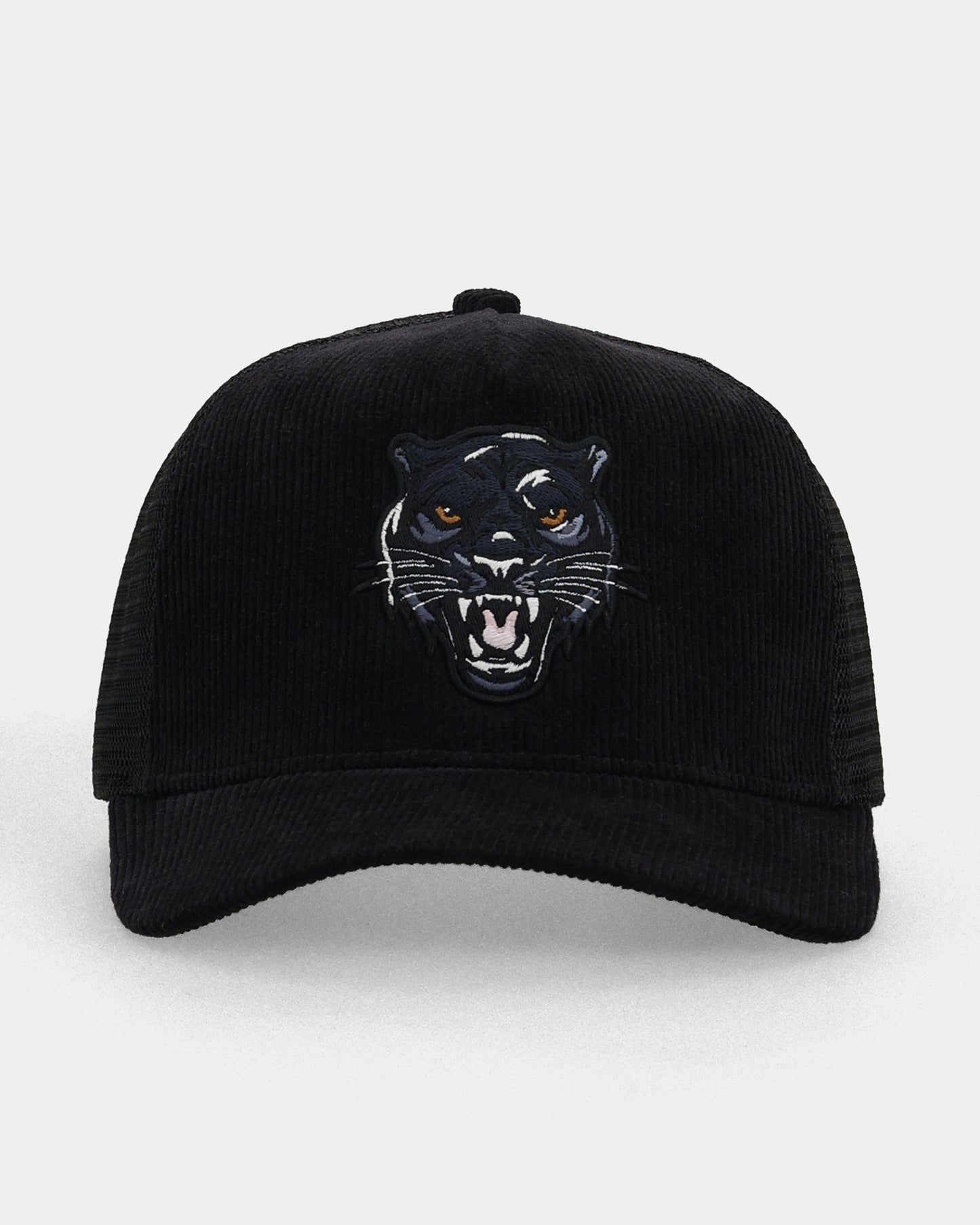Black trucker cap with panther embroidery, front close-up detail