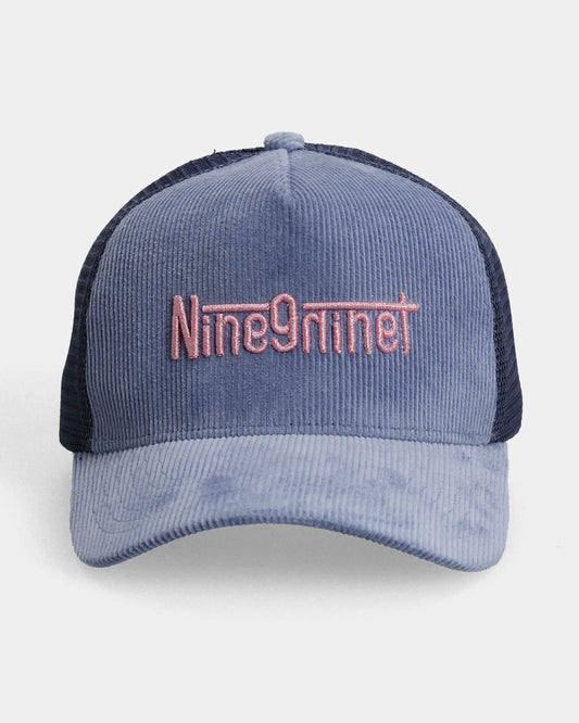 Blue trucker cap with Nine9ninet pink embroidery, front view