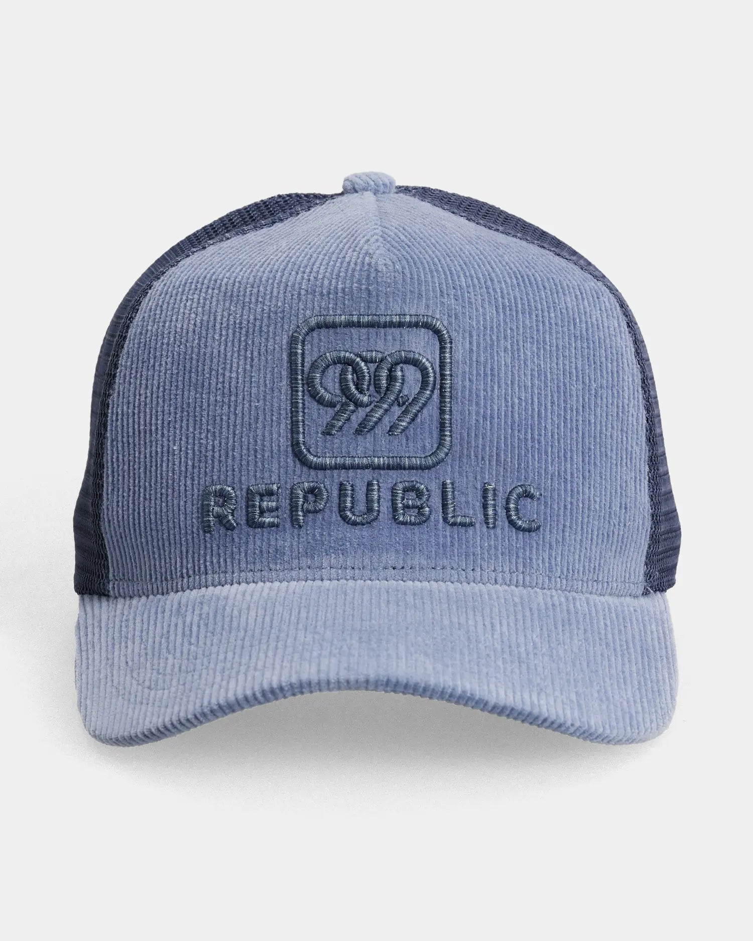 Blue Republic trucker cap front view with embroidered text detail