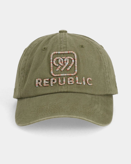 Olive dad cap with multicolour REPUBLIC embroidery, front view product shot
