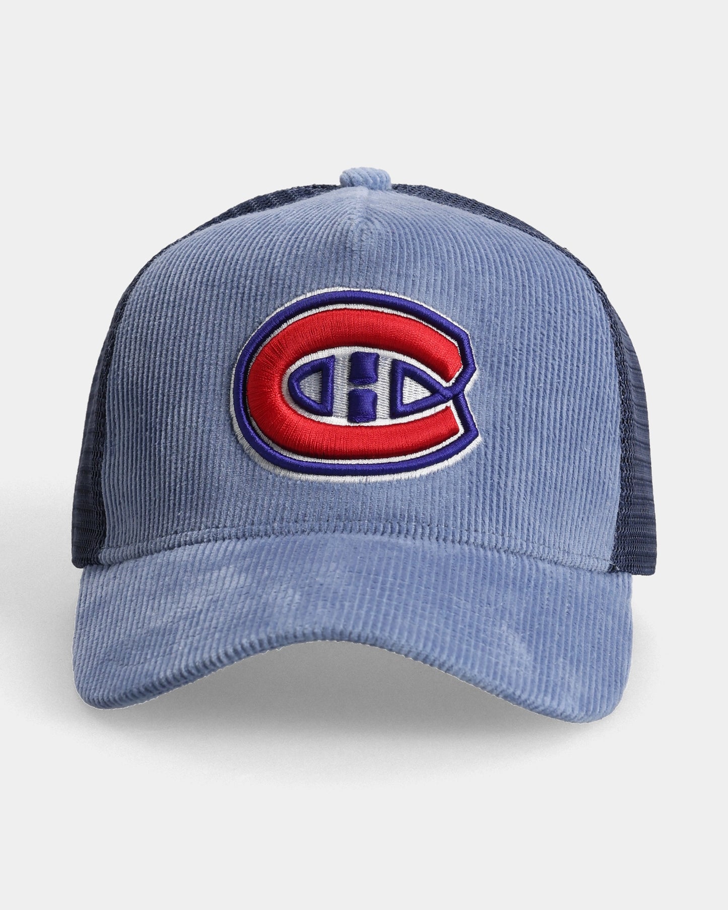 Ice Kings blue trucker cap with embroidered logo, front view
