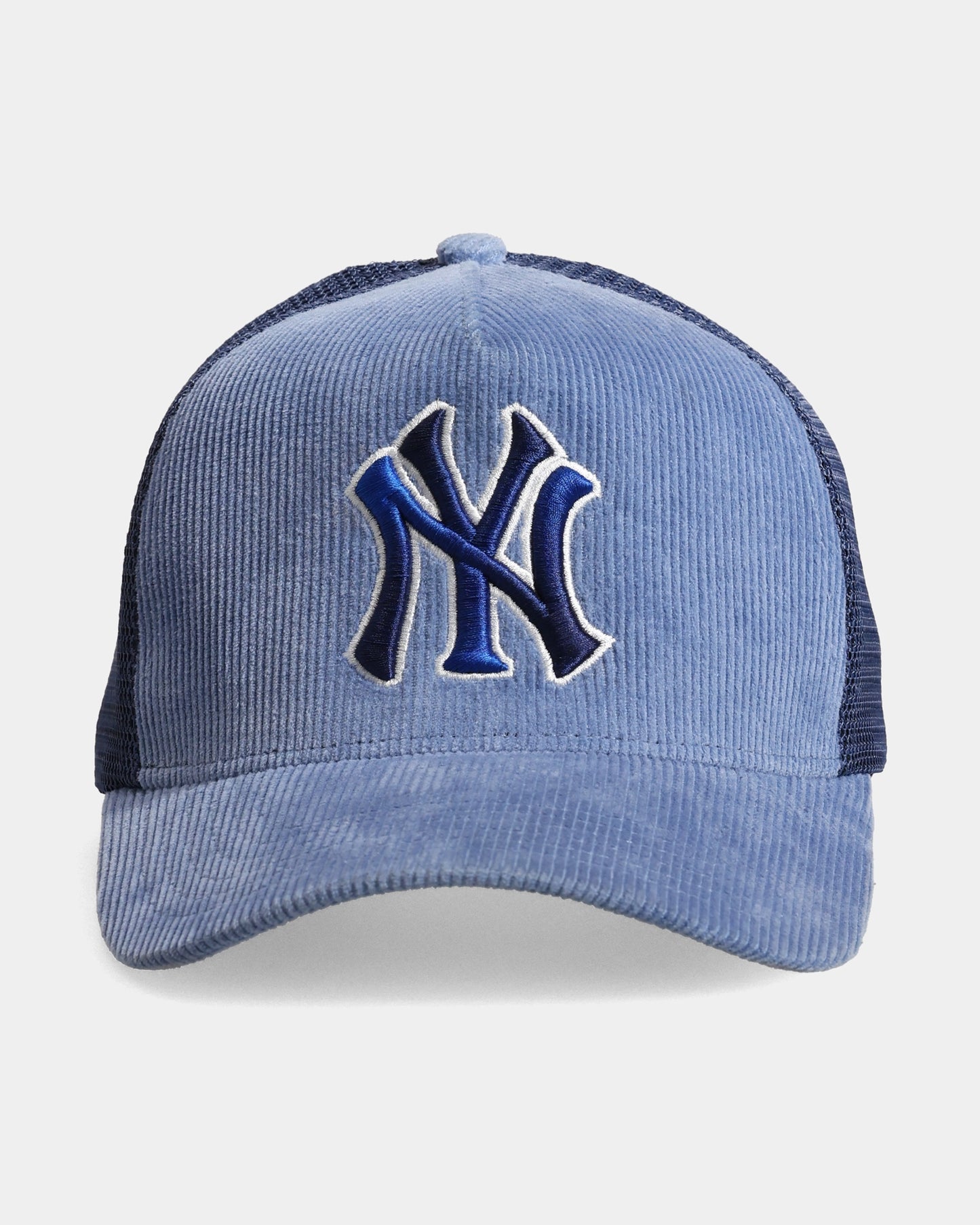 Blue corduroy trucker cap with NY logo embroidery, front view product shot.