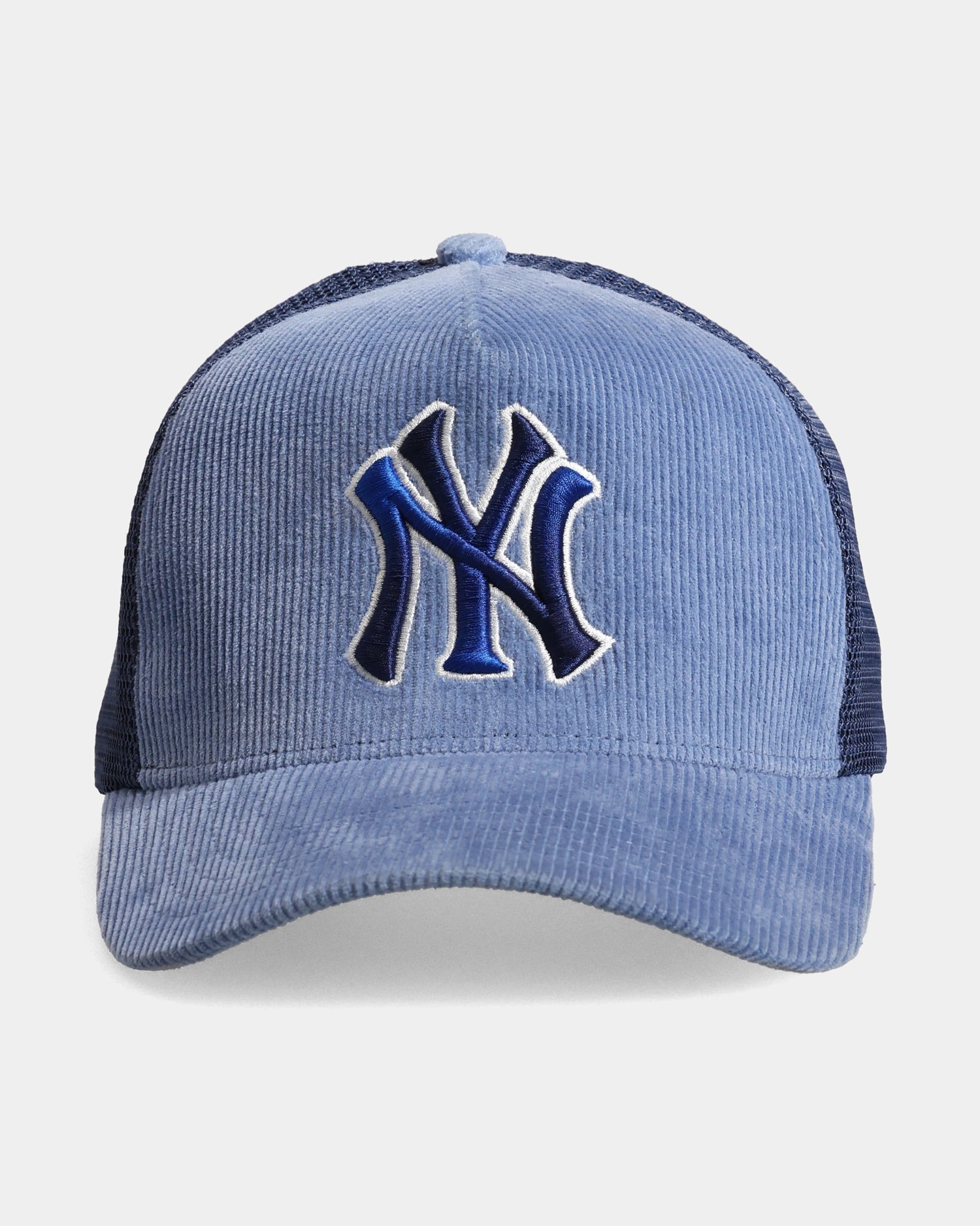 Blue corduroy trucker cap with NY logo embroidery, front view product shot.