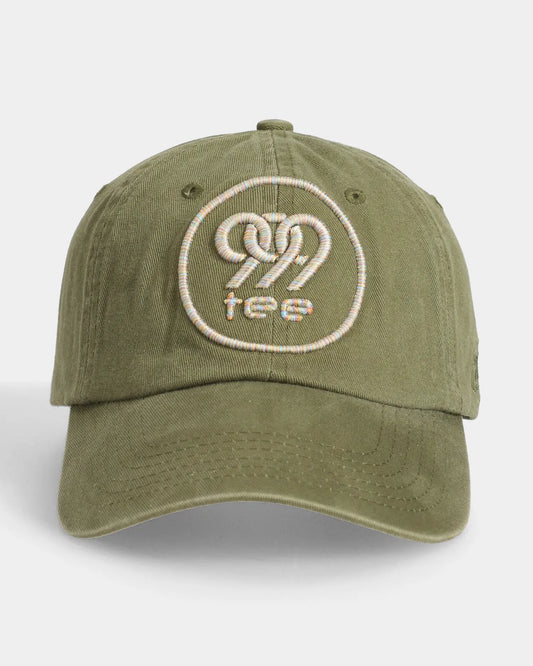 Olive dad cap with 999tee embroidered logo patch, front view

