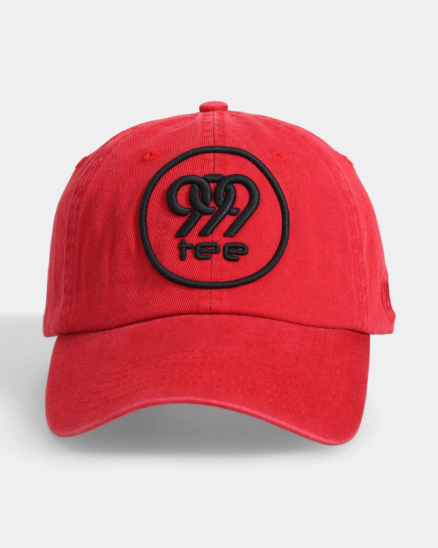 Red dad cap with 999tee embroidered logo patch, front view
