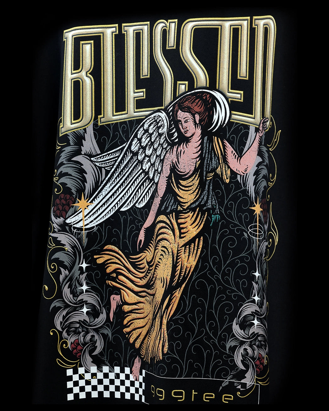 Black Blessed oversized t-shirt graphic close-up with angel illustration, detail view
