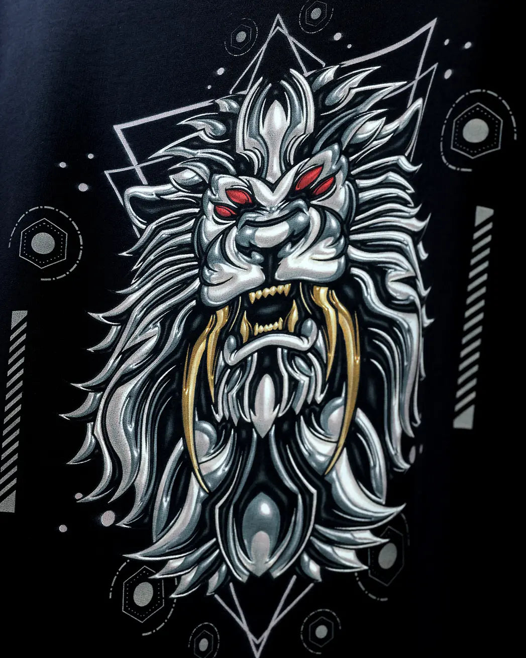 Black t-shirt with metallic saber-tooth beast graphic, front close-up detail