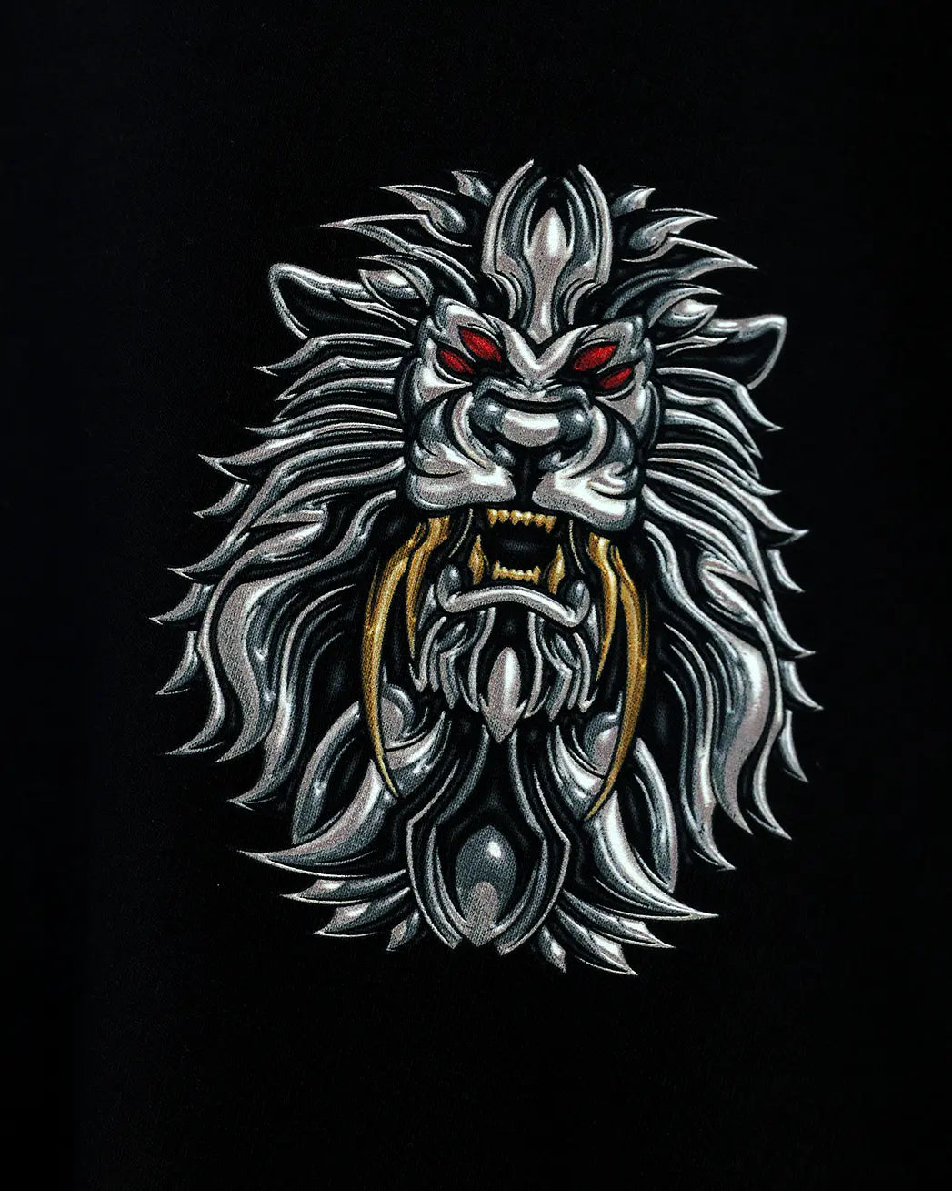 Black t-shirt sabertooth tiger graphic close-up, print detail
