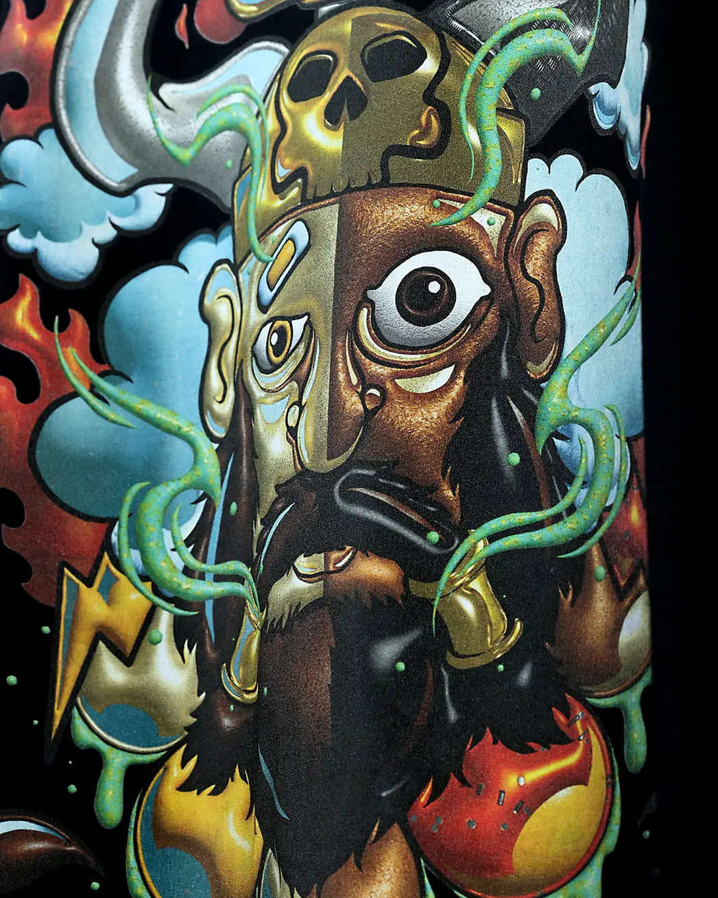 Black oversized T-shirt close-up with colourful Viking face graphic detail