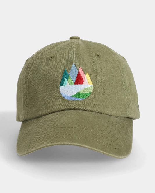 Olive dad cap with mountain embroidery, front view
