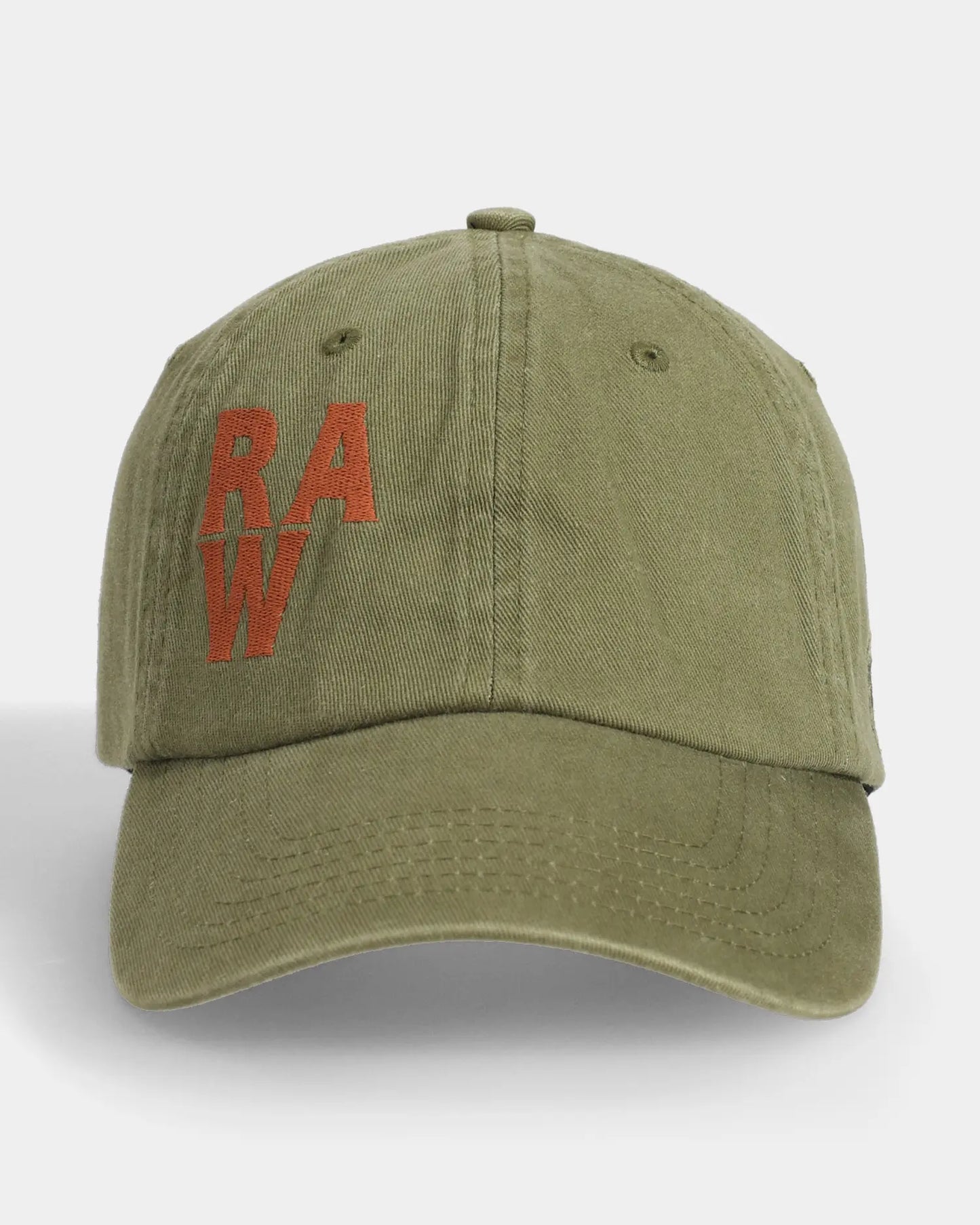 Olive dad cap with RAW embroidery, front view
