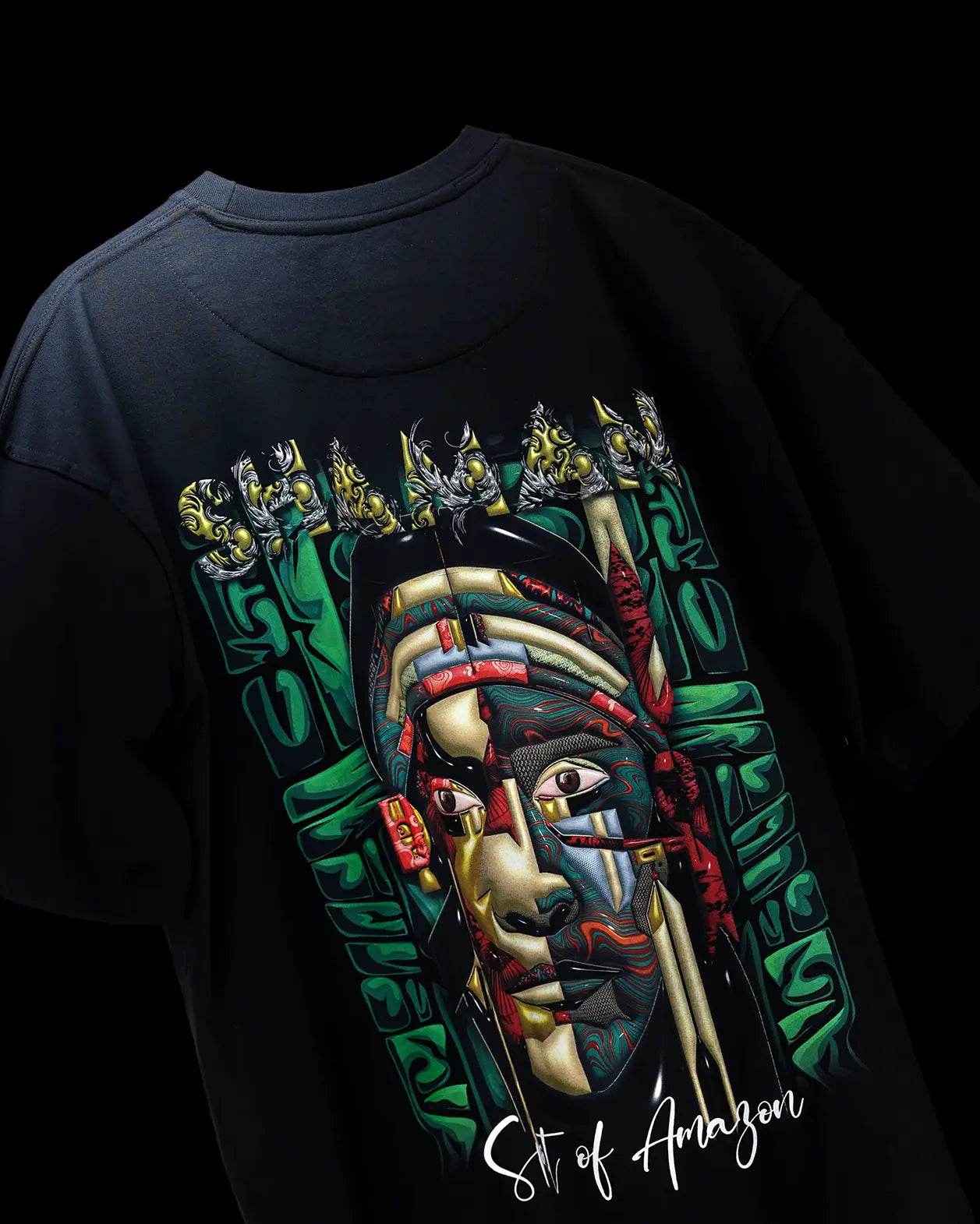 Black oversized T-shirt with Spirit of Amazon graphic, angled back view
