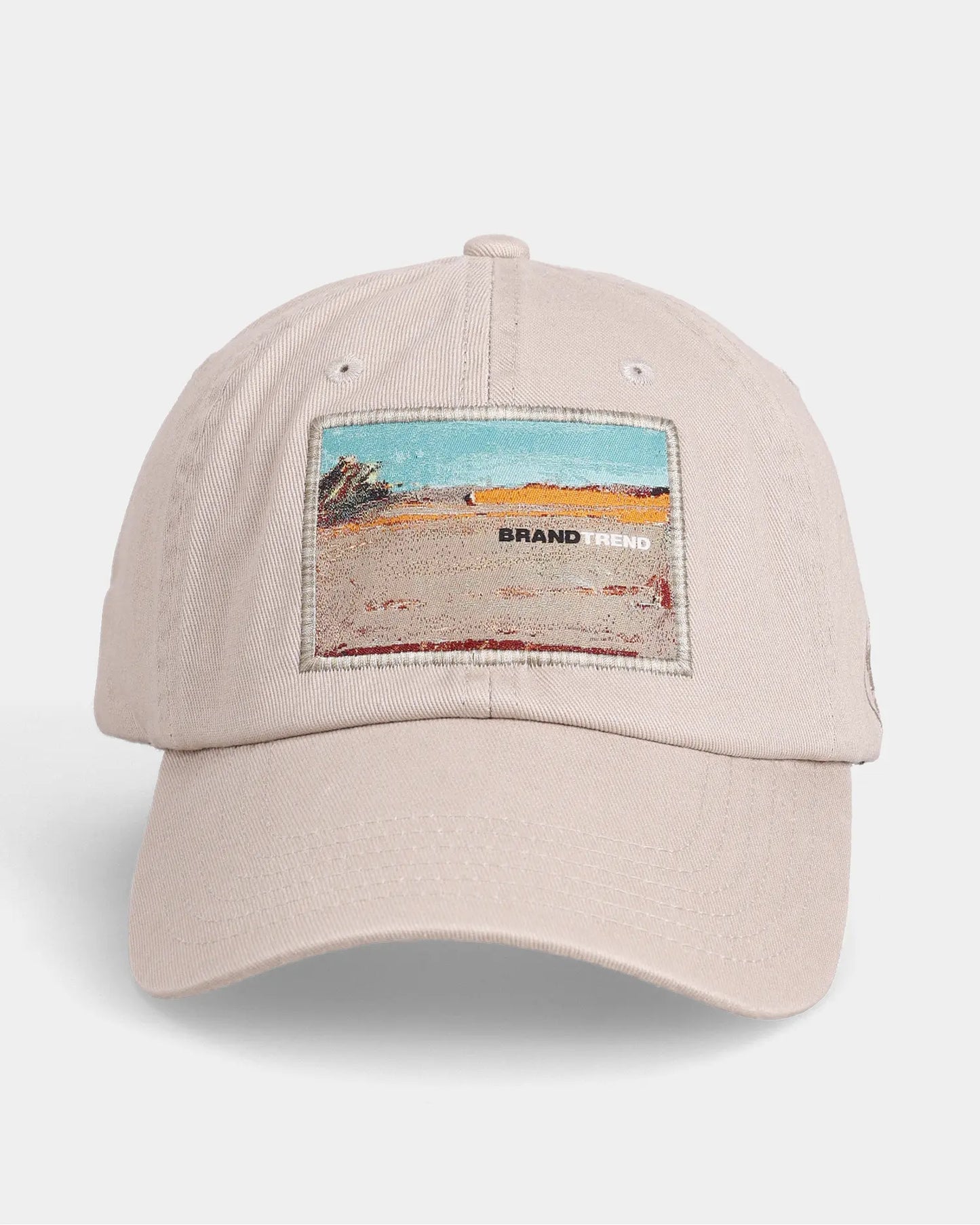 Khaki dad cap with BRAND TREND patch graphic, front view
