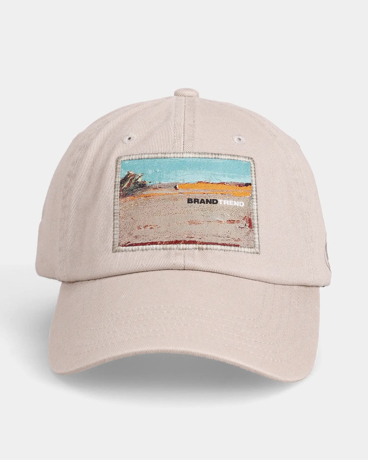 Khaki dad cap with BRAND TREND patch graphic, front view
