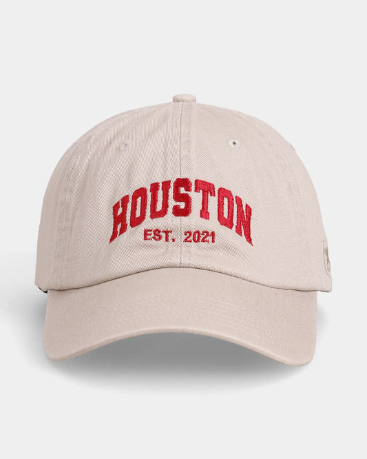 Khaki dad cap with HOUSTON EST. 2021 embroidery, front view
