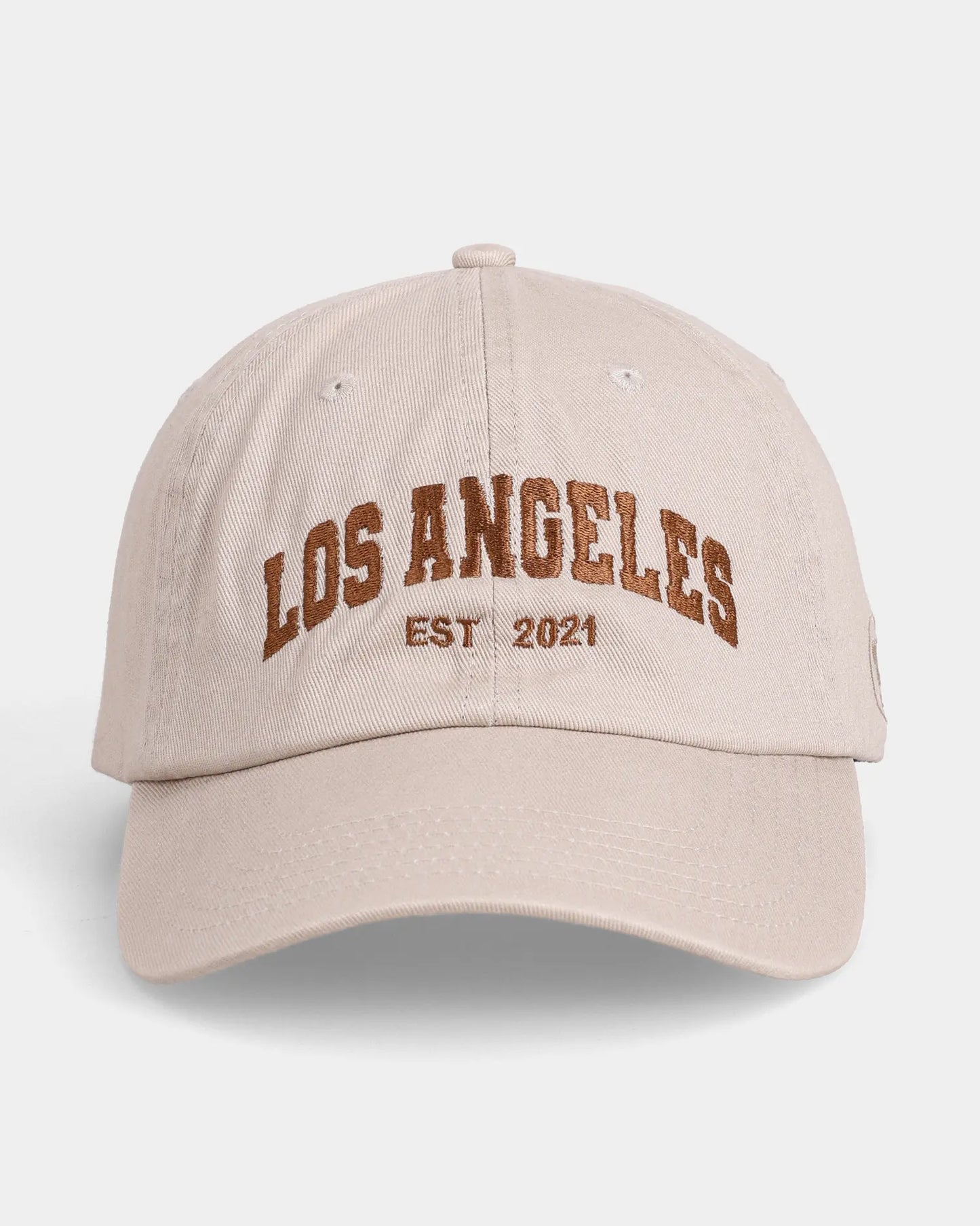 Khaki dad cap with LOS ANGELES EST 2021 embroidery, front view
