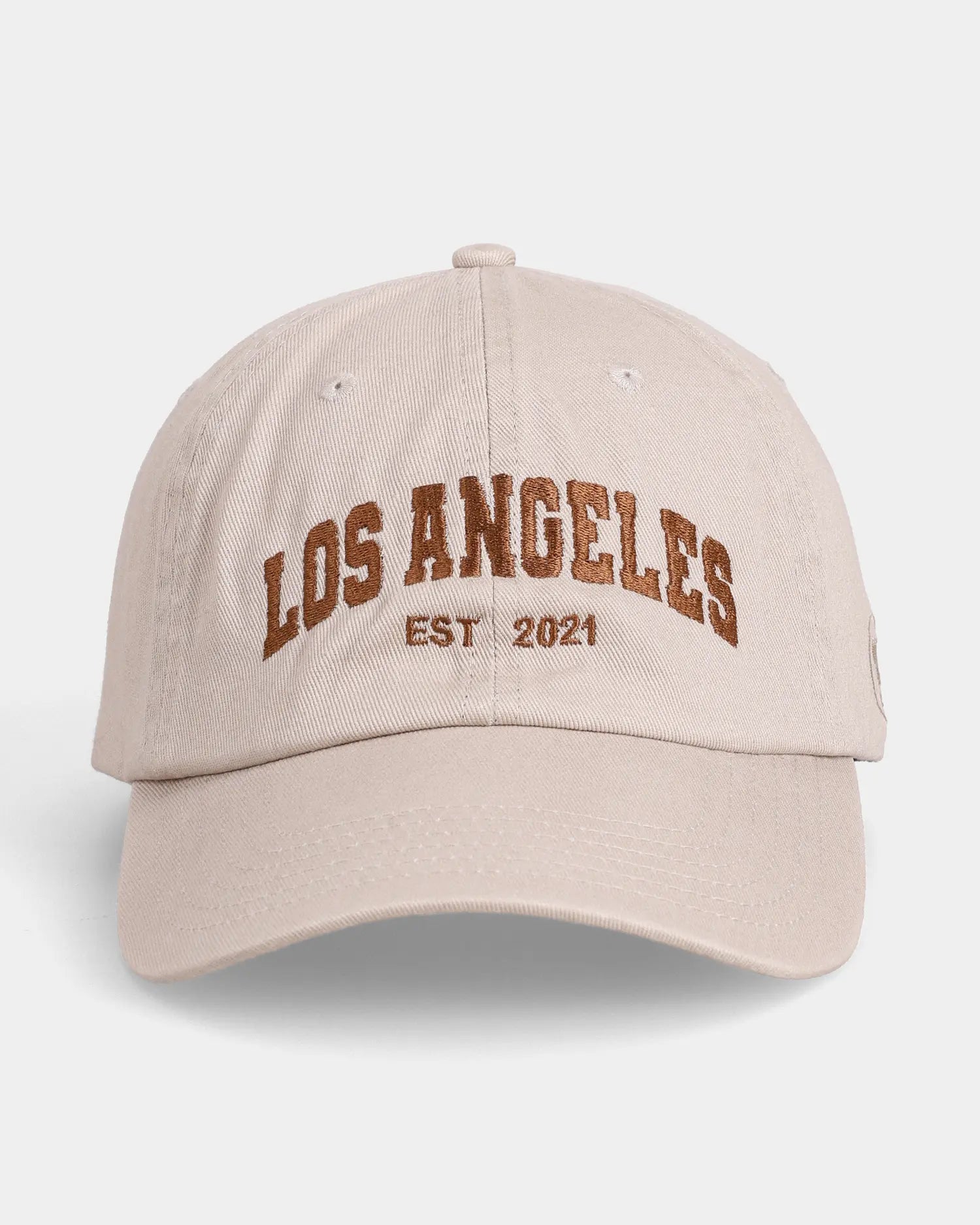 Khaki dad cap with LOS ANGELES EST 2021 embroidery, front view
