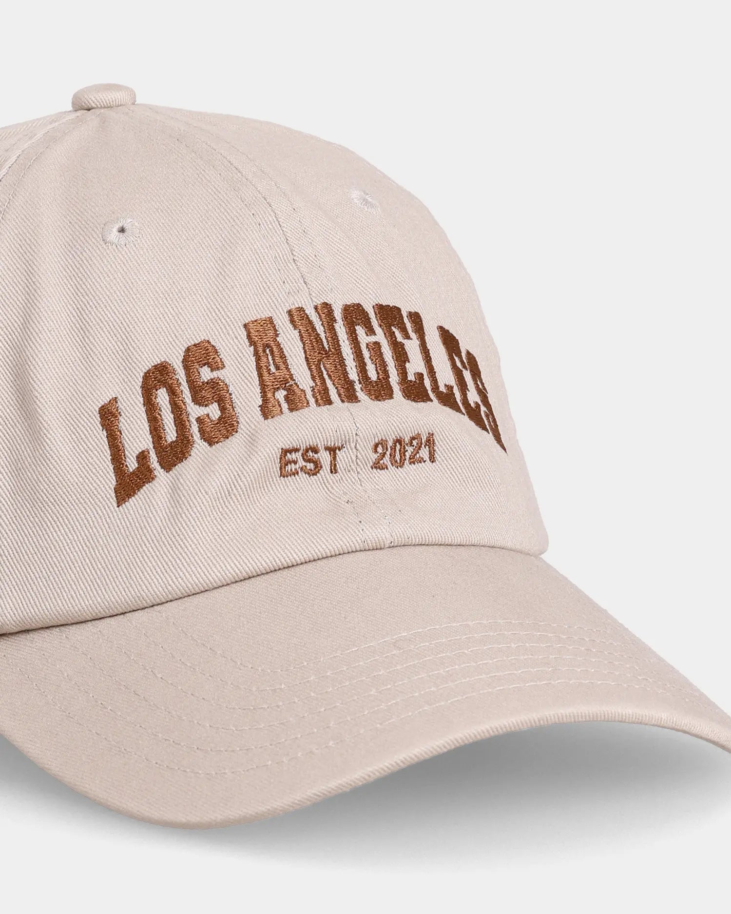 Khaki Los Angeles dad cap close-up with embroidered front text detail