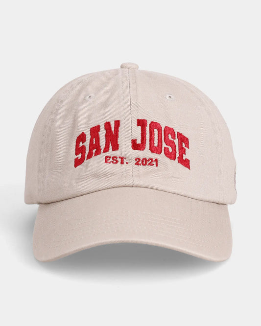 Khaki dad cap with red SAN JOSE EST. 2021 embroidery, front view
